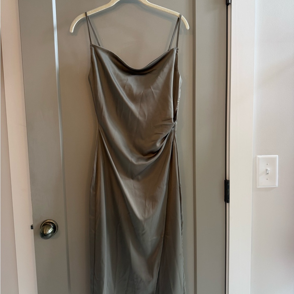 Satin Cowl Midi Slip Dress in Olive